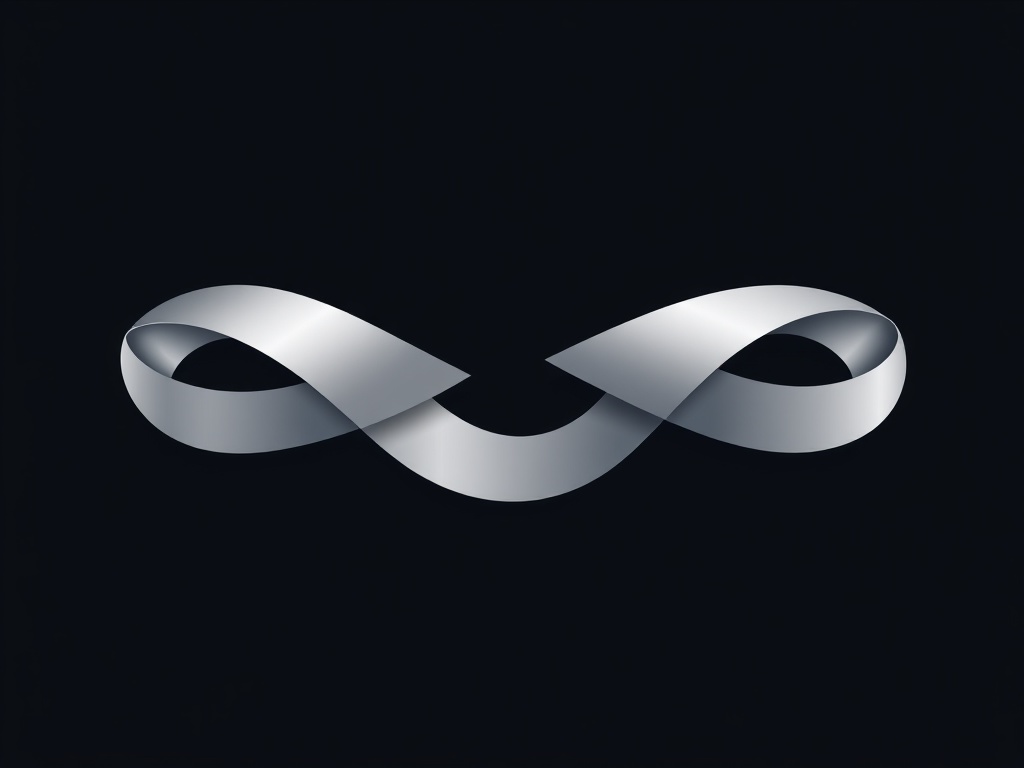Minimalist geometric logo: a stylized infinity symbol formed by two silver ribbons, on dark background, photorealistic, 8k